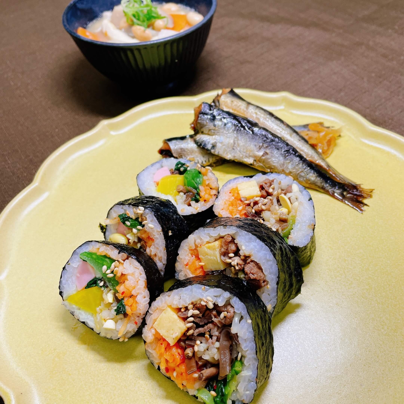 ナムルde恵方巻、いわし甘露煮、節分汁盛り付けイメージ