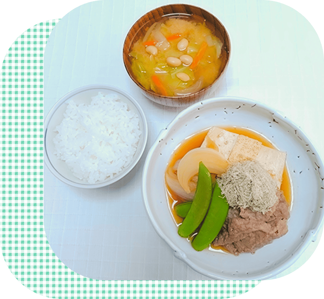 季節野菜の肉豆腐（春）・たっぷり野菜のオイル味噌汁・白飯