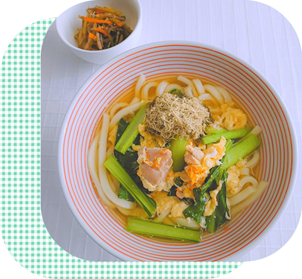 親子うどん（鶏肉、卵）・きんぴらごぼう
