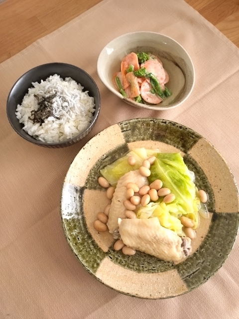 「蒸し大豆としらすのごはん」献立