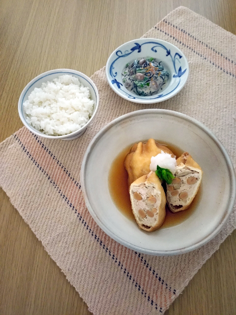 「大豆入り鶏巾着のみぞれ煮」献立