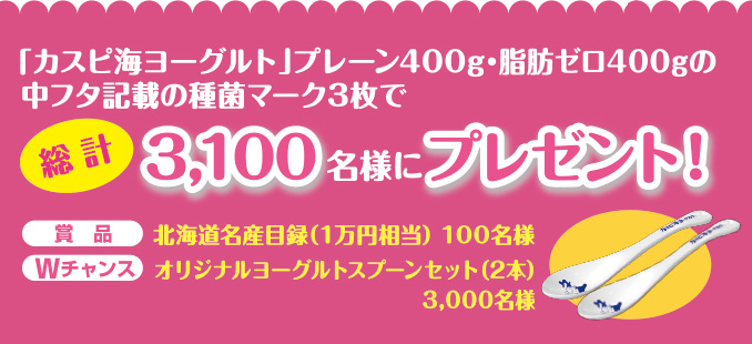 「カスピ海ヨーグルト」プレーン400ｇ・脂肪ゼロ400ｇの中フタ記載の種菌マーク3枚で、総計3，100名様にプレゼント！
賞品：北海道名産目録（1万円相当）100名様
Wチャンス：オリジナルヨーグルトスプーンセット（2本）3，000名様