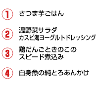 1.さつま芋ごはん 2.温野菜サラダ カスピ海ヨーグルトドレッシング 3.鶏だんごときのこのスピード煮込み 4.白身魚の純とろあんかけ