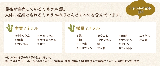 昆布が含有しているミネラル類。人体に必須とされるミネラルのほとんどすべてを含んでいます。