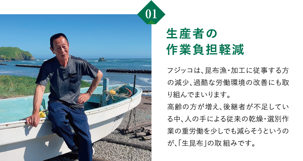 01　生産者の作業負担軽減　水揚げ後の作業で特に重労働である「乾燥工程」を省き「生昆布」を使用する取組みを開始。