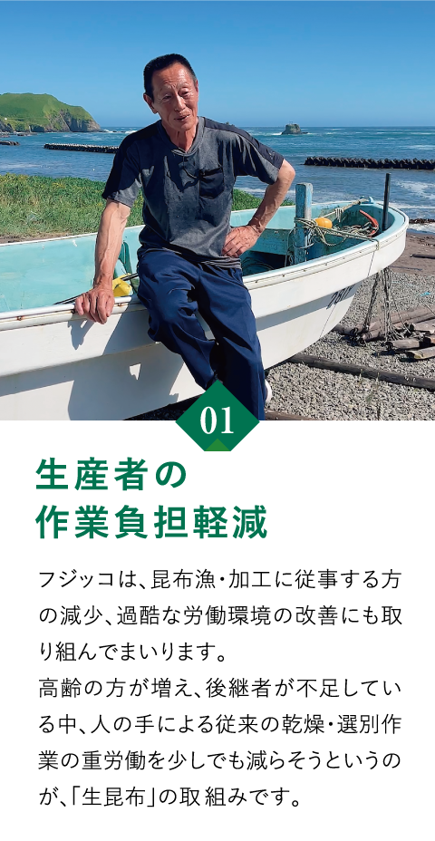 01　生産者の作業負担軽減　水揚げ後の作業で特に重労働である「乾燥工程」を省き「生昆布」を使用する取組みを開始。
