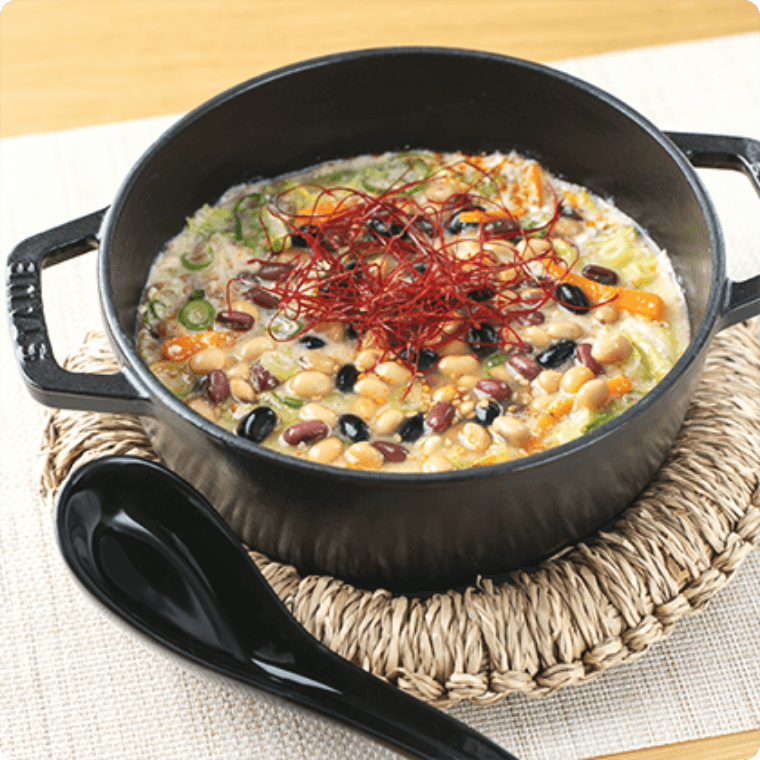 3種の蒸し豆豆乳生姜サンラータンスープの調理例