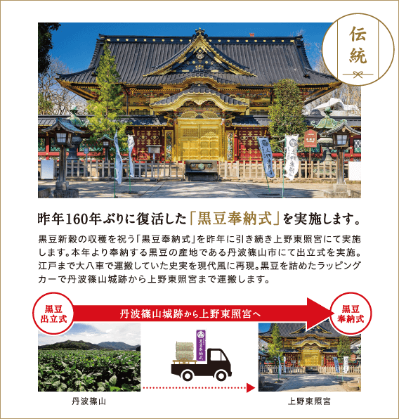 
              「伝統」昨年160年ぶりに復活した「黒豆奉納式」を実施します。
              黒豆新の収穫を祝う「黒豆奉納式」を昨年に引き続き上野東照宮にて実施 します。 本年より奉納する黒豆の産地である丹波篠山市にて出立式を実施。 江戸まで大八車で運搬していた史実を現代風に再現。 黒豆を詰めたラッピング カーで丹波篠山城跡から上野東照宮まで運搬します。
              「黒豆出立式」丹波篠山城跡から上野東照宮へ「黒豆奉納式」